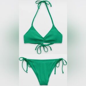 NWT Aerie FULL SET Crinkle Halter Voop Top + Cheekiest Tie Bottom in Green